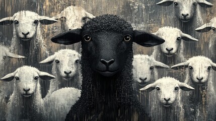 Obraz premium Artistic black sheep graphic with textured details, surrounded by smooth white sheep designs, showing uniqueness.