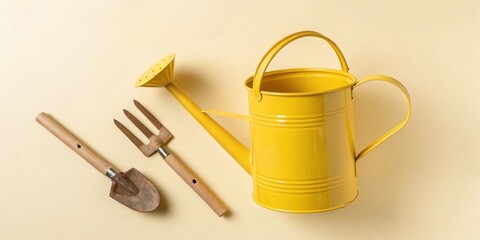 A yellow watering can, a trowel, and a hand rake lie on a pale yellow background