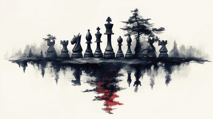 Artistic depiction of chess pieces, including the king and knights, set against abstract landscapes and minimalist backgrounds, symbolizing strategy, power, and elegance.