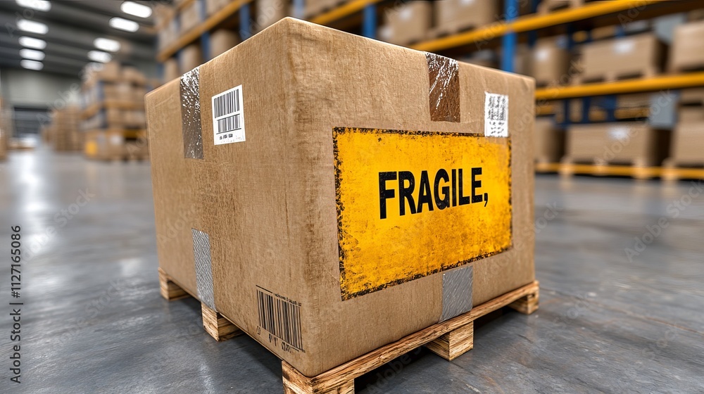 Poster a close-up of a cardboard box labeled 'fragile' in a warehouse, showcasing storage organization and 