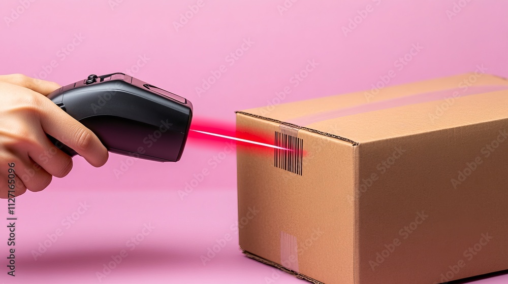 Poster a person scanning a barcode on a cardboard box with a handheld scanner against a pink background, il