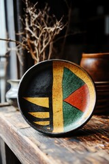 A decorative plate featuring vibrant geometric patterns, showcasing artistic craftsmanship.