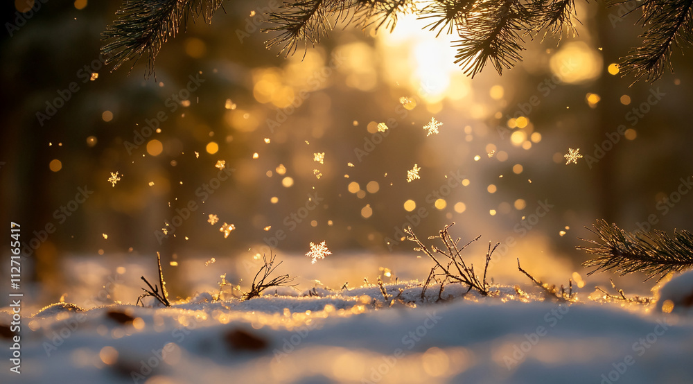 Poster snowflakes fall gently as sunlight filters through trees in a serene winter landscape