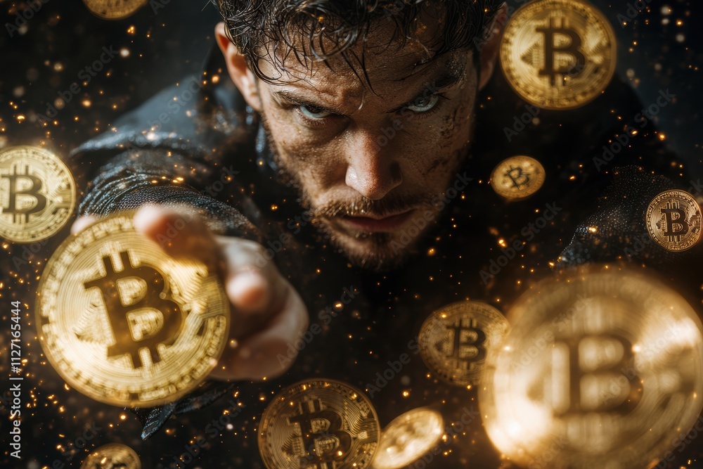 Poster bitcoin tokens floating elegantly around a man in a sleek financial concept, emphasizing the future 