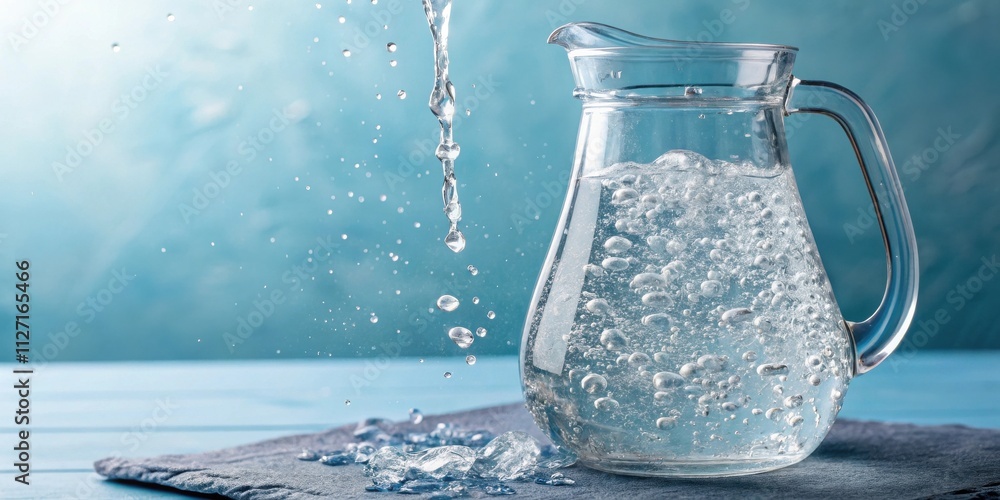 Poster Pouring water into a glass pitcher with bubbles forming on the surface and splashing drops around the pitcher on a blue background