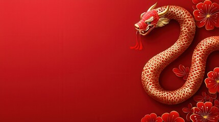 Chinese New Year. Red background featuring a decorative dragon and blooming flowers.