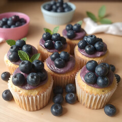 Unos deliciosos cupcakes con muchas moras azules