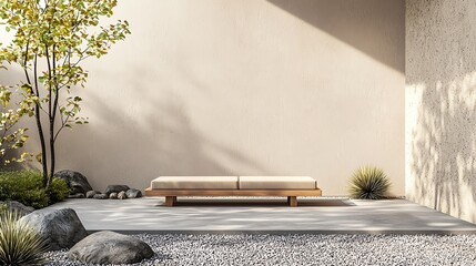 A serene outdoor space featuring a minimalist wooden bench, surrounded by pebbles, rocks, and greenery against a smooth, neutral wall.