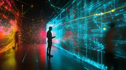 Person explores vibrant, glowing digital network.