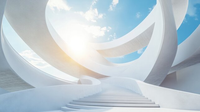 Abstract white futuristic spiral architecture with bright sunlight and blue sky background. Modern design concept. Abstract architectural of curved stairway, curved bridge or stairs.