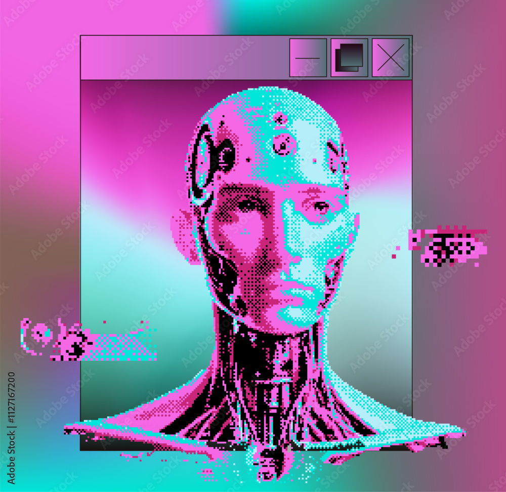 Poster humanoid robot face with glitchy pixel artifacts. conceptual vector illustration of the fusion of te