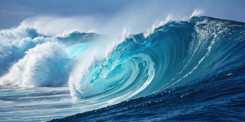 A majestic ocean wave crashes with power and grace, creating a breathtaking spectacle of turquoise and azure hues.
