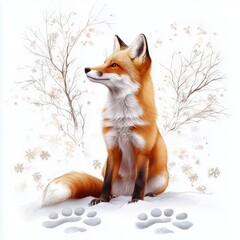 Fototapeta premium A majestic fox sitting gracefully in a winter landscape with snowflakes falling gently around it.