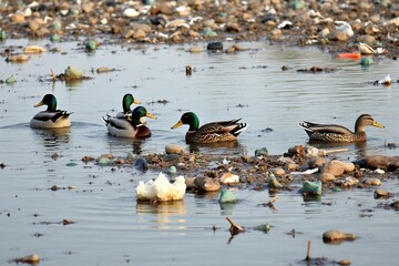 Fototapeta premium A river is heavily polluted with trash and plastic waste, with a group of ducks swimming through the debris.