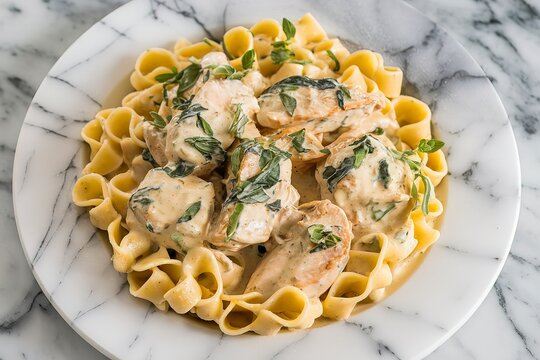 pasta pene with chicken pieces in a creamy basil sauce.