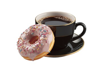 a black cup filled with coffee and two doughnuts
