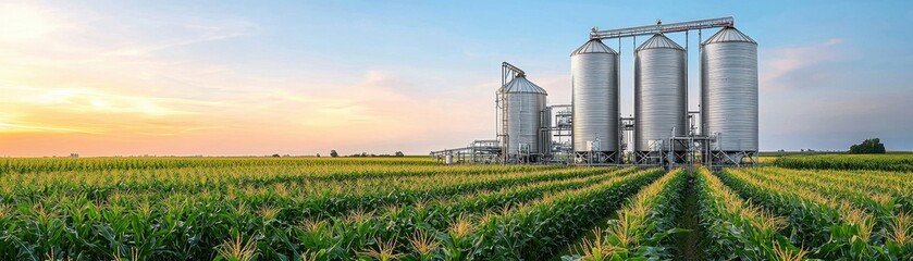 A picturesque view of silos and a lush green field under a vibrant sky, showcasing the beauty of agricultural landscapes at sunset.
