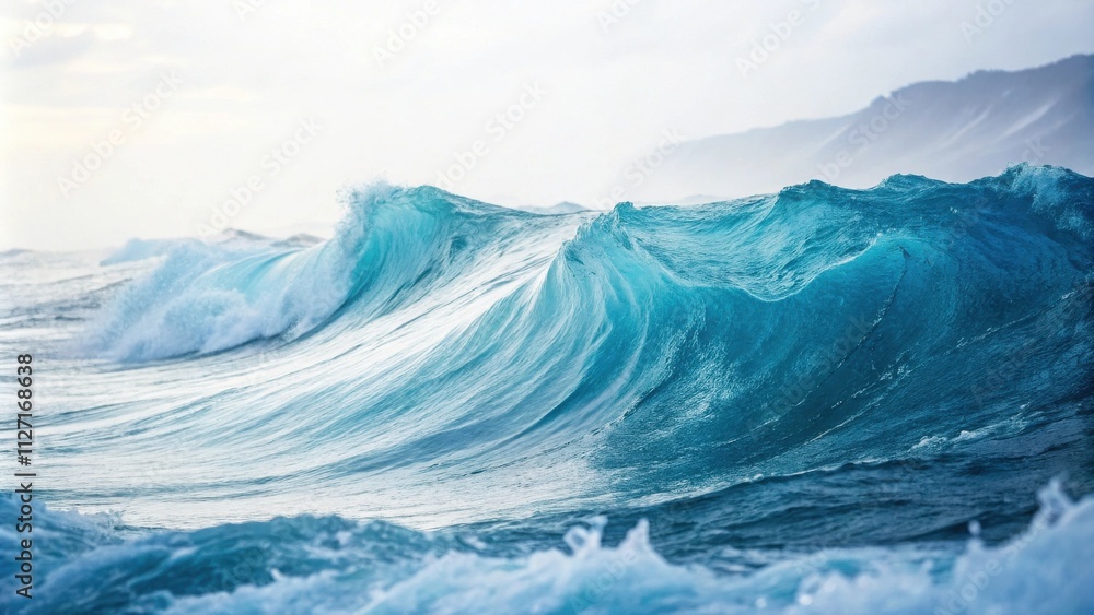 Poster a majestic ocean wave breaks on a misty day with a hazy coastal mountain range in the background