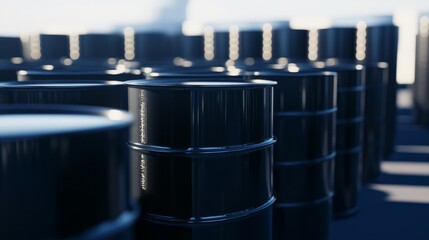 Oil barrels stacked in rows, symbolizing the global reliance on fossil fuels and the need for sustainable energy solutions