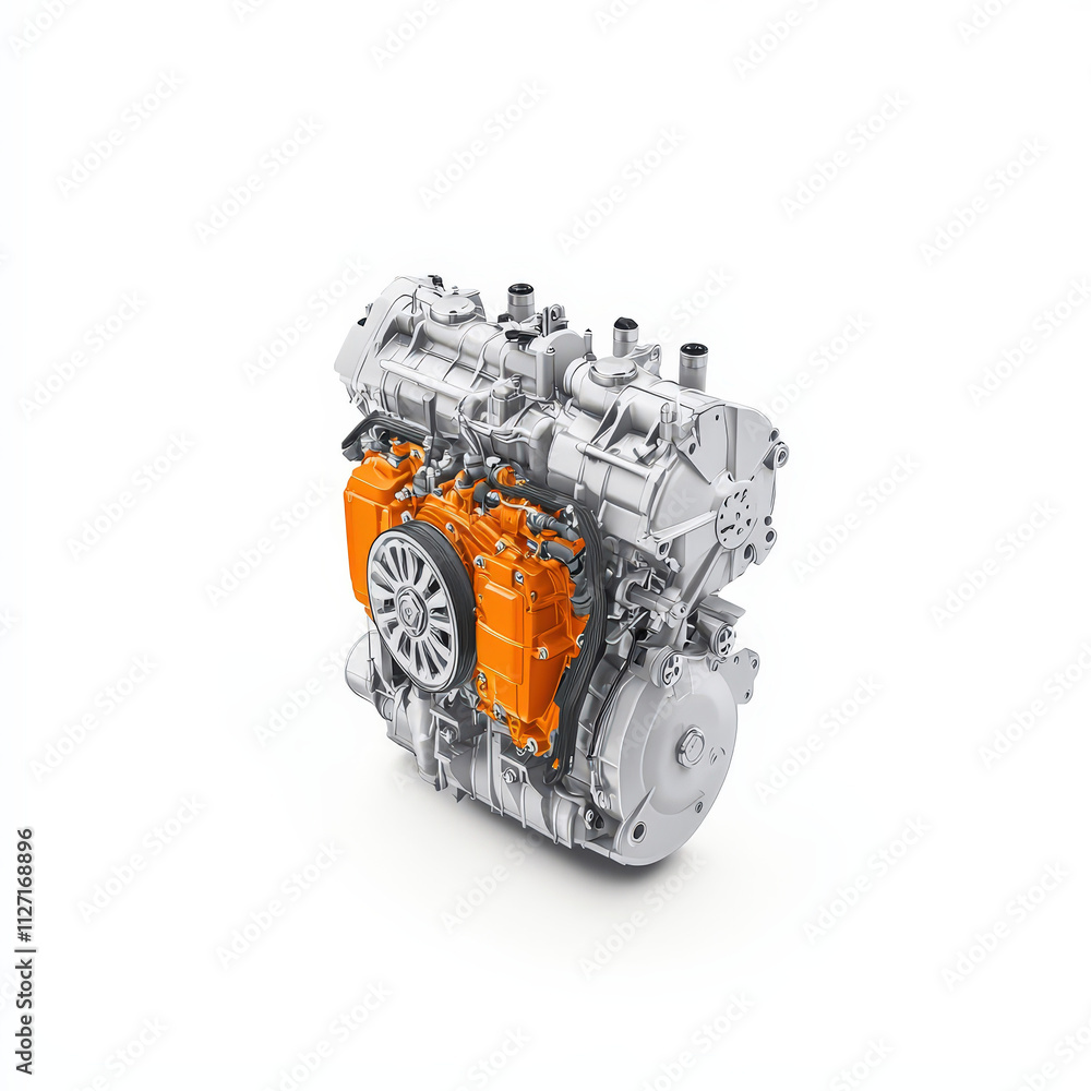 Poster high performance engine with sleek design, featuring orange component and metallic finish, ideal for