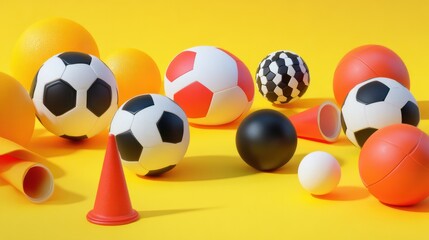 An array of assorted sports balls and cones against a bright, yellow background, creating a cheerful and energetic scene.