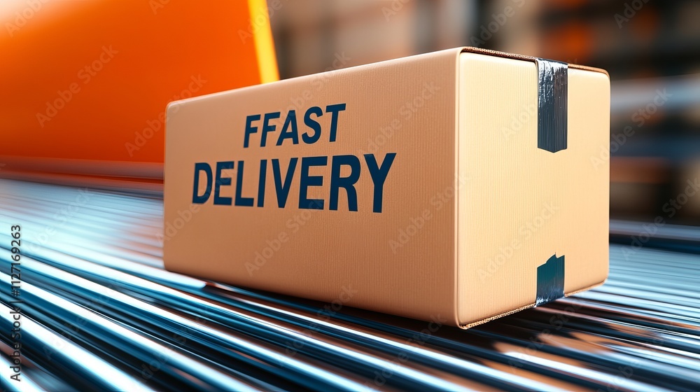 Poster a close-up of a cardboard box labeled 'fast delivery,' emphasizing efficient shipping and logistics.