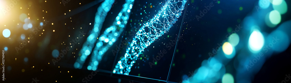 Poster glowing dna helix displayed in a scientific lab environment capturing biotech innovation and molecul