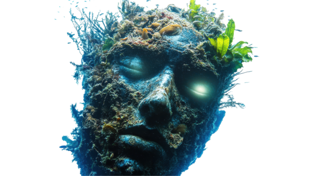 A mysterious figure covered in plants underwater. transparent background