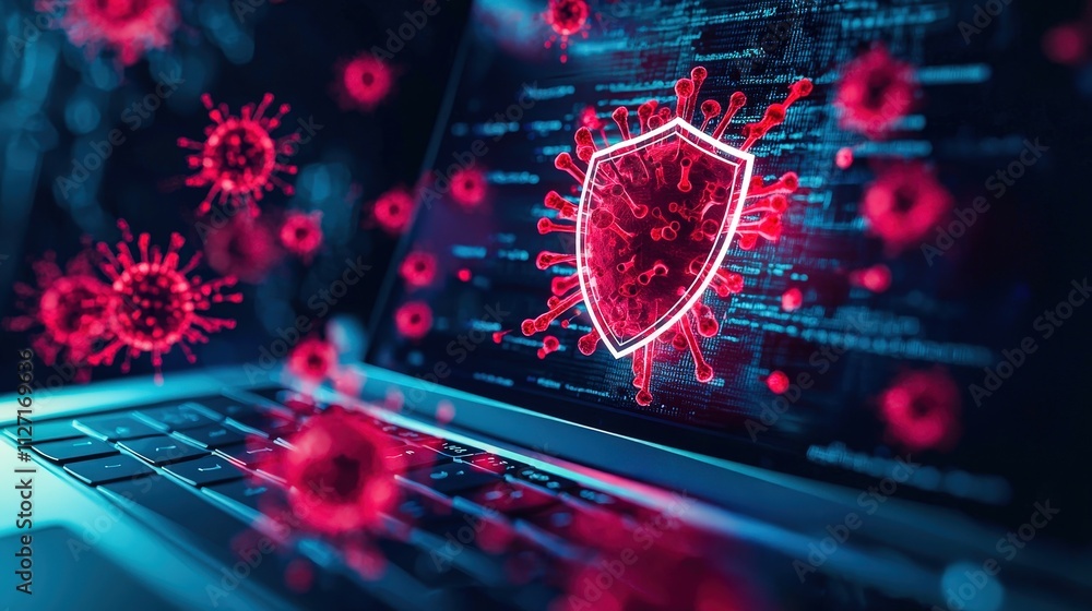 Poster cyberattack and it infrastructure, an icon of a laptop with a shield and a malware symbol, represent