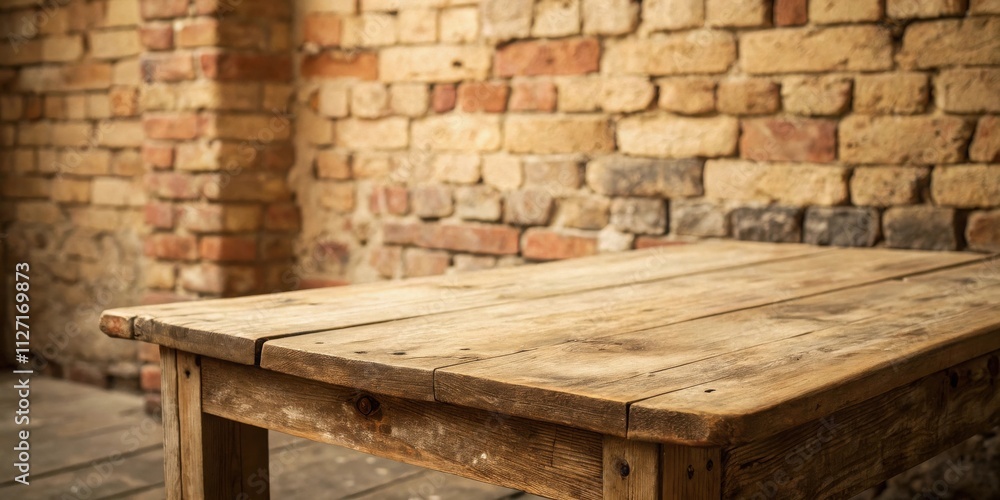Poster Rustic wooden table top with blurred brick wall backdrop, perfect for showcasing products, creating visual interest and adding a touch of rustic charm to your designs.