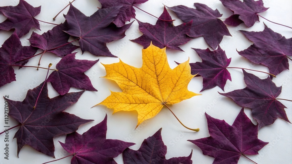 Poster a single golden leaf stands out among a collection of deep purple leaves, representing uniqueness an