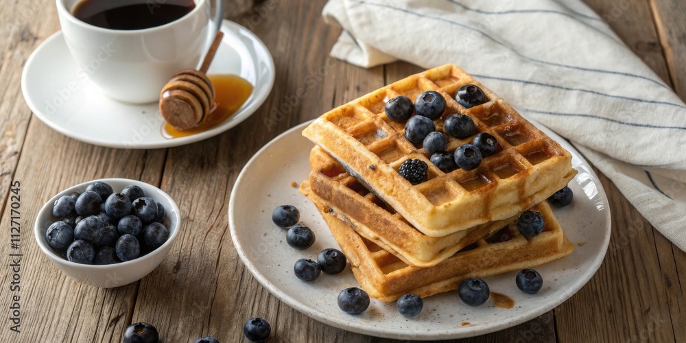 Poster a stack of waffles topped with fresh blueberries and drizzled with syrup, alongside a cup of coffee 
