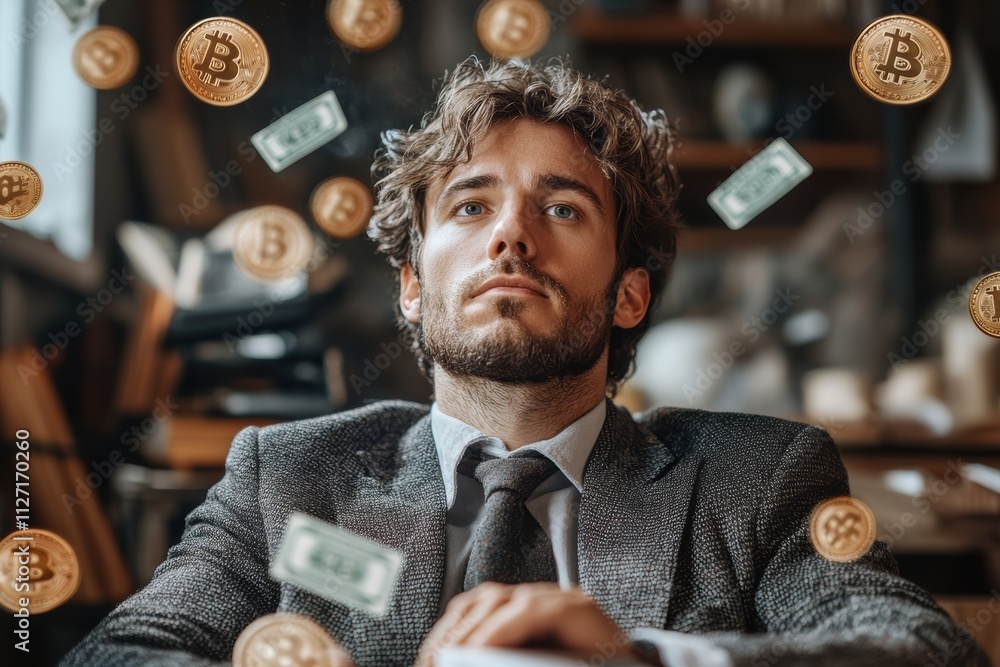 Poster conceptual photo of a professional man with bitcoin tokens and dollar signs in motion around him, em