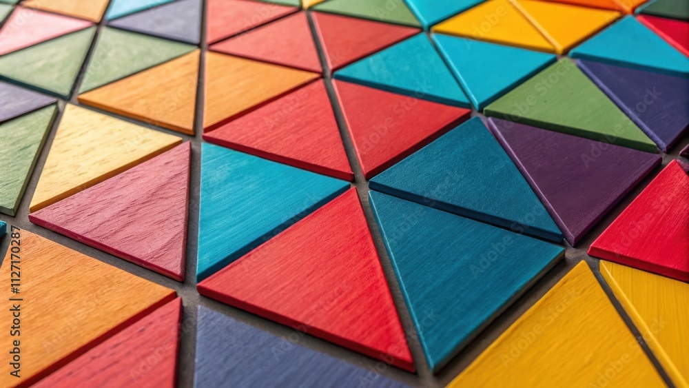 Poster a vibrant arrangement of colorful wooden triangles, creating a geometric pattern with a captivating 