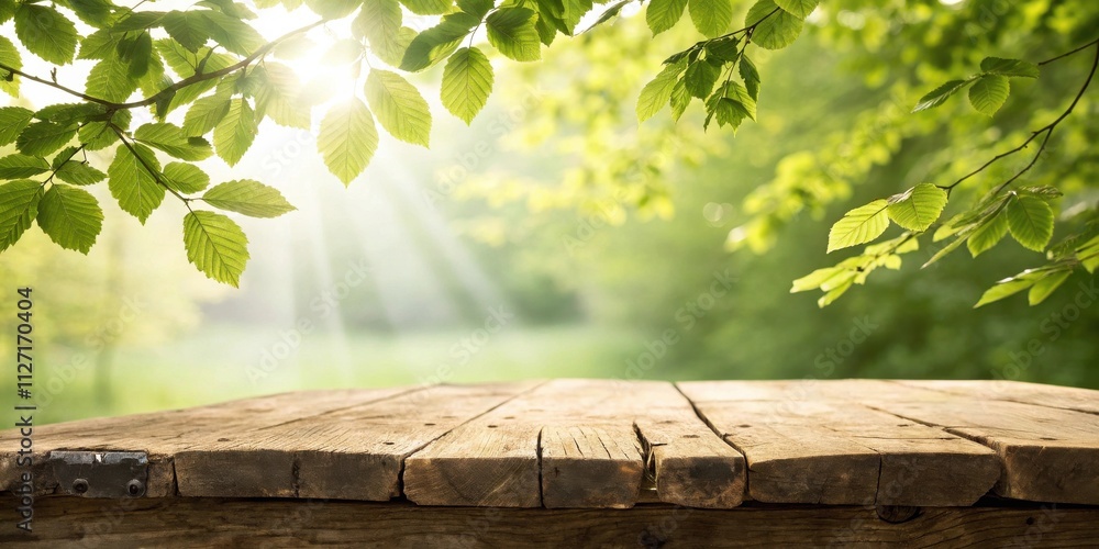 Poster A rustic wooden table with a blurred background of vibrant green leaves and dappled sunlight filtering through the branches.