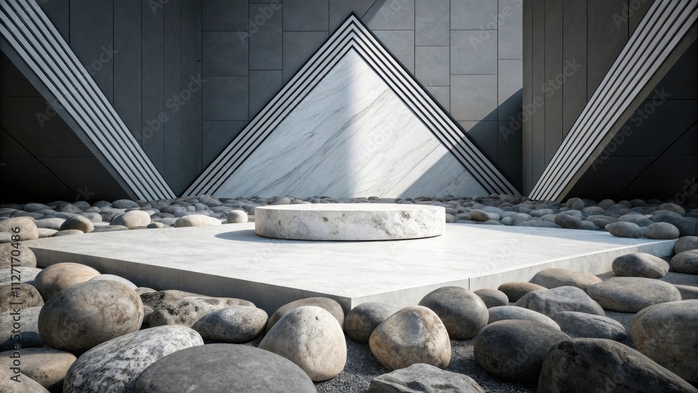 Poster Minimalist Marble Platform Surrounded by Rounded Stones in a Modern Architectural Setting