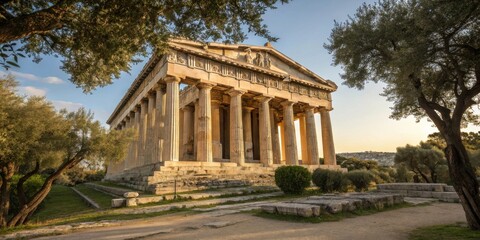 Fototapeta premium An ancient temple with towering pillars stands majestically against a backdrop of verdant trees and a golden sky, a testament to the enduring power of architecture and the passage of time.