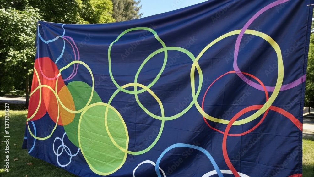 Leinwandbilder A vibrant abstract flag with a navy blue background adorned with colorful interlocking circles, creating a dynamic and visually appealing design.