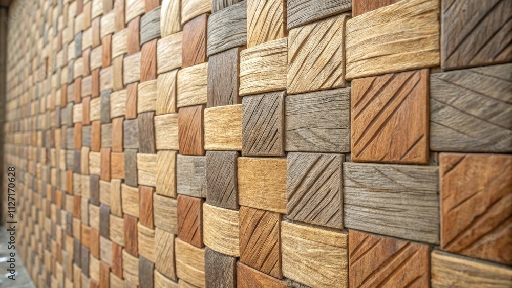 Aufkleber Textured wooden wall paneling in a geometric pattern of squares and rectangles with varying tones of brown and a subtle depth of field