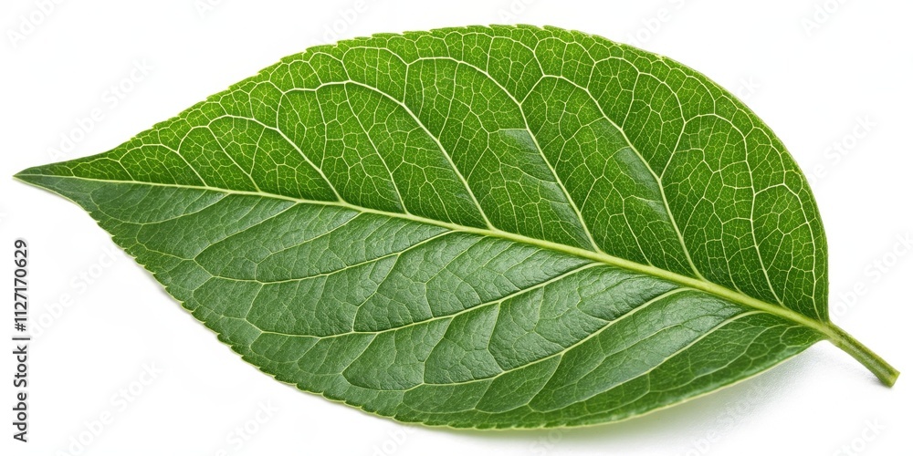 Poster a single green leaf with intricate veins and a smooth, glossy texture, isolated on a white backgroun