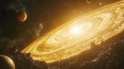 Obraz premium Golden Spiral Galaxy Planets Space Cosmic Background