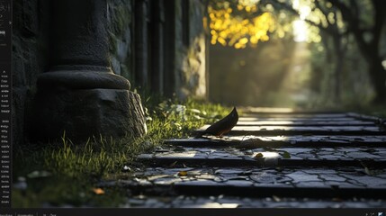 Obraz premium Stone path, bird, sunlight, greenery, ancient walls.