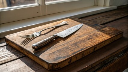 A rustic wooden cutting board with a vintage silver fork and a worn-out knife resting on it.