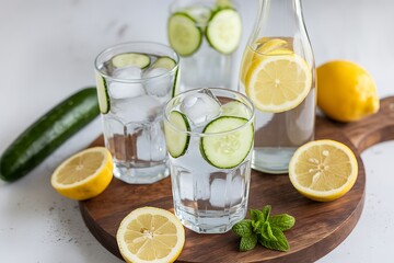 Fototapeta premium A photo of cucumber and lemon infused water in glasses and a bottle, served with ice
