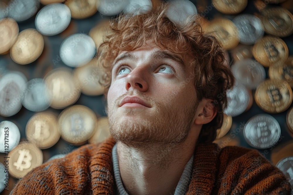 Aufkleber Contemplative man surrounded by digital Bitcoin and currency tokens, isolated in a tech-inspired concept.