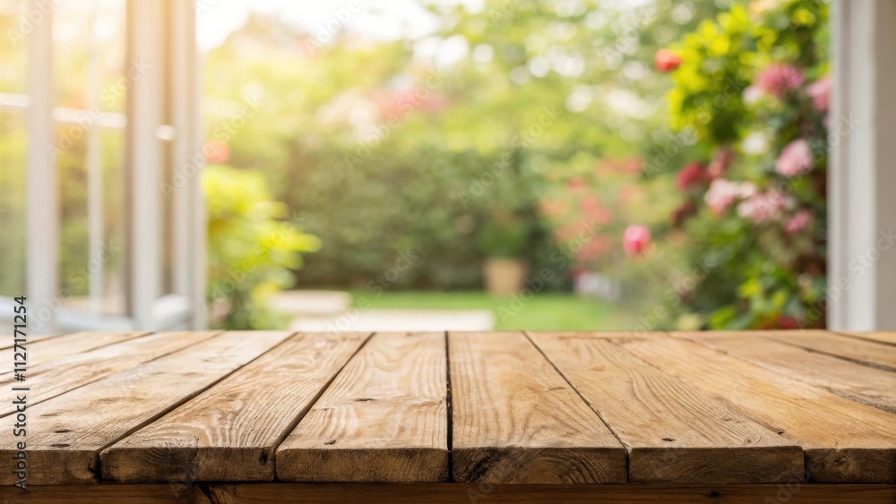 Poster rustic wooden tabletop against a softly blurred background of lush greenery and sunlight filtering t