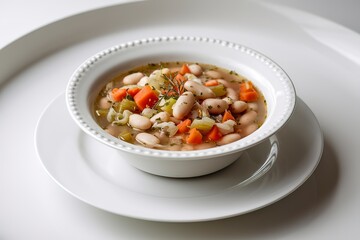 a plate of fresh bean soup on a white background.