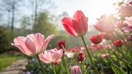 Fototapeta premium A delicate pink tulip blooms in the soft morning light, surrounded by a field of vibrant flowers, bathed in the golden glow of the rising sun.