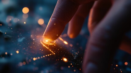 Fingertip touches glowing, dark surface; sparks ignite.