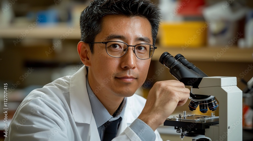 Aufkleber scientist in lab coat using microscope.